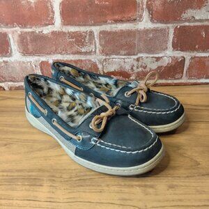 Sperry Shoes Womens Loafers Size 7 Black Leopard Sherpa Lined Boat Shoes